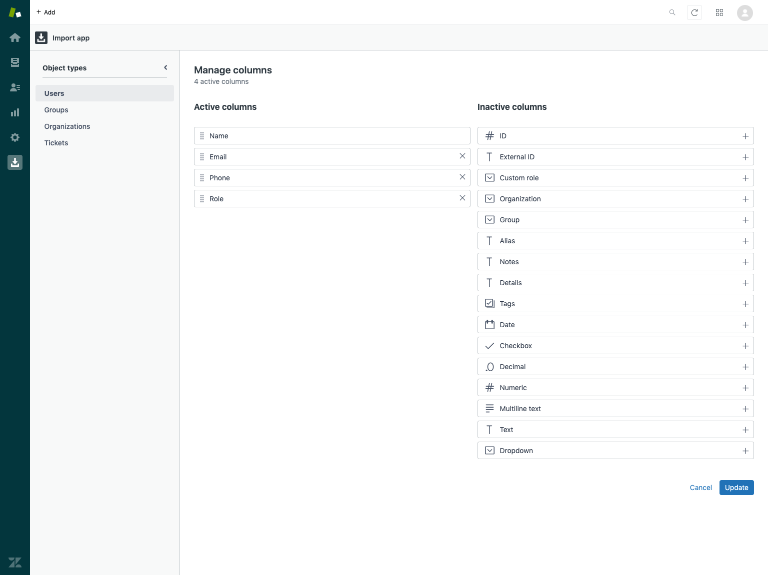 Adding, removing and reordering table columns