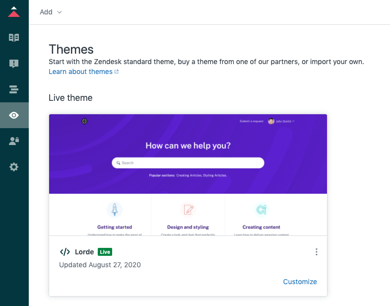 Zendesk Guide Themes page