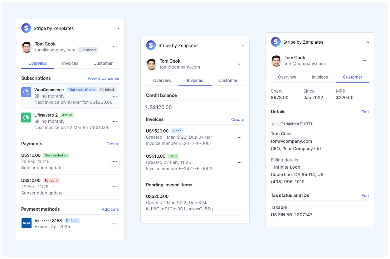 Access contextual information from Stripe within your Zendesk account