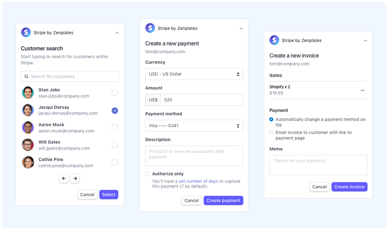 Update customers, payments, invoices, subscriptions and more within Stripe